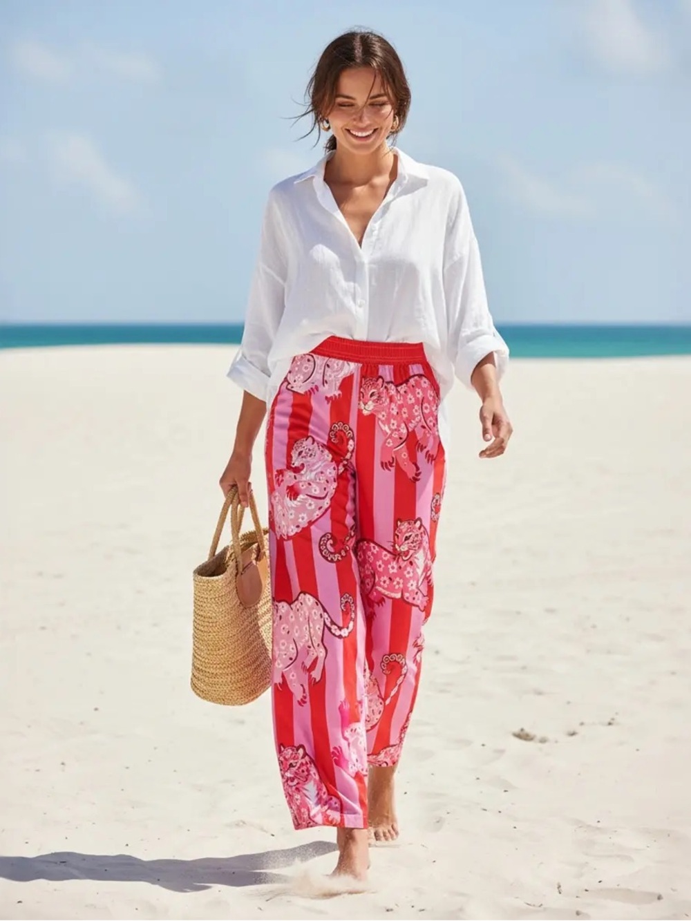 TikTok Viral Women's Wide Leg Pink & Red Printed Pants